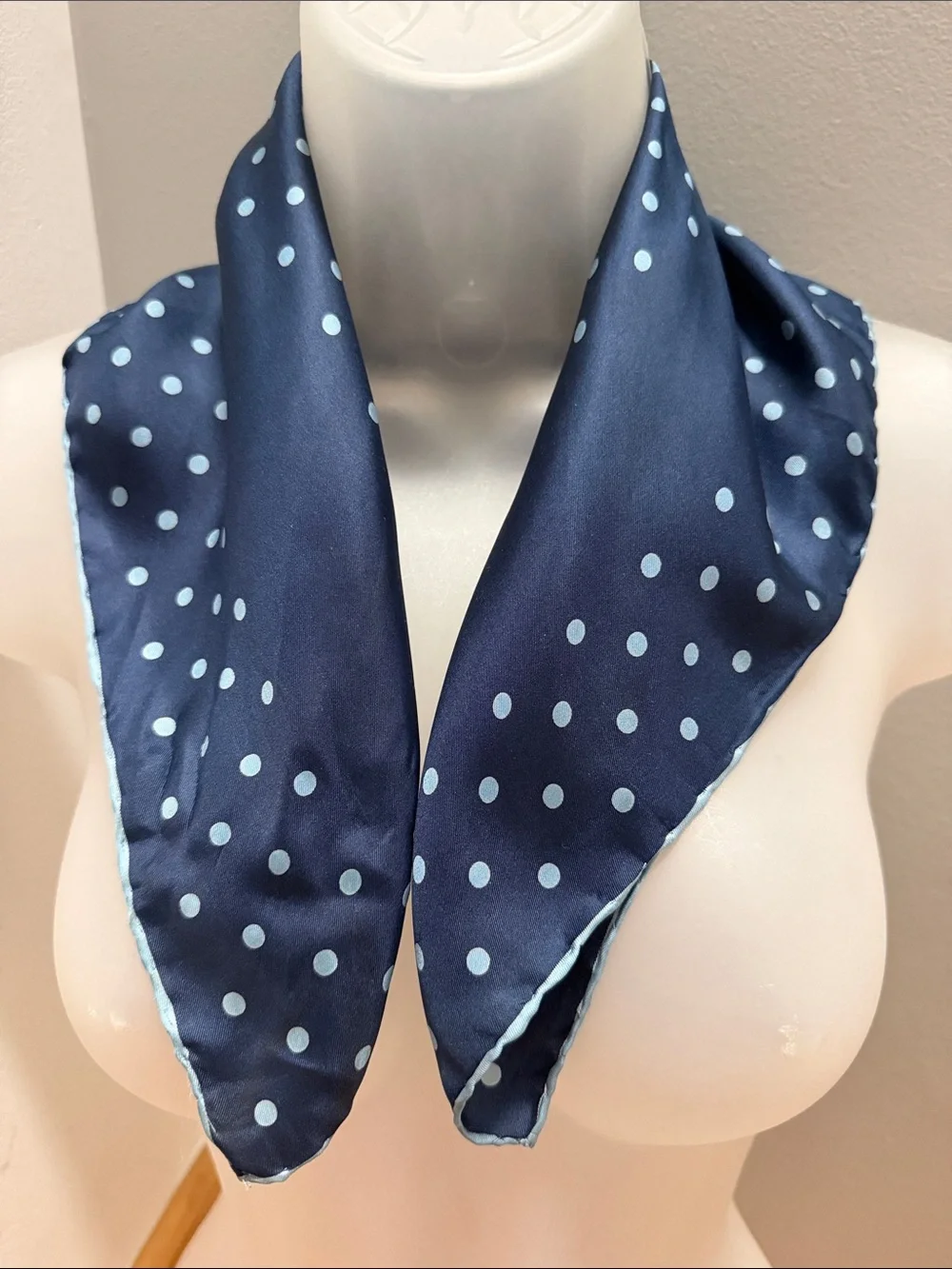 VTG Timeless Navy Blue Polka Dot Square Silk Scarf | Neck / Hair Scarf